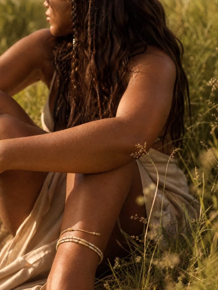 Sandbar Double Anklet worn in a summer meadow