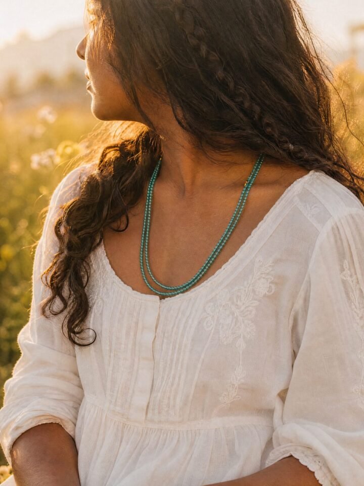 Tidewater Double Strand Necklace worn in a summer meadow