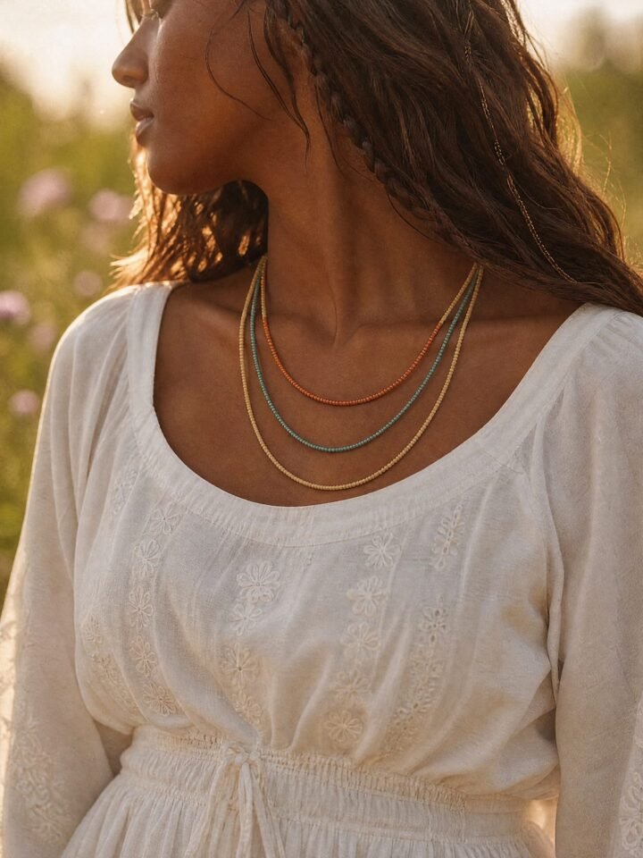 Hayloft Beaded Necklace Trio worn in a summer meadow