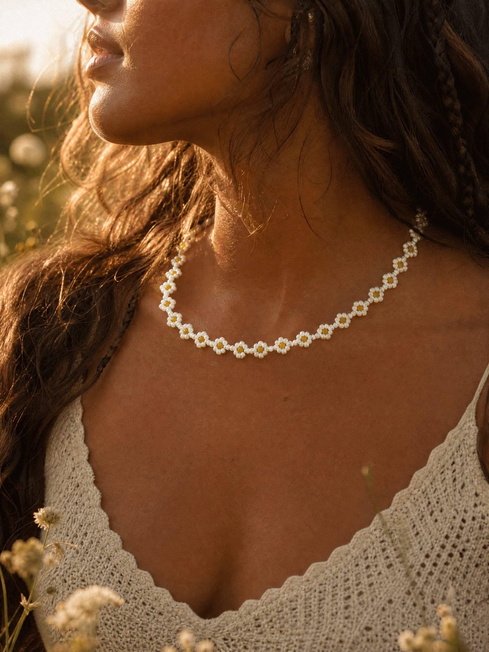 Chamomile Daisy Bead Necklace worn in a summer meadow