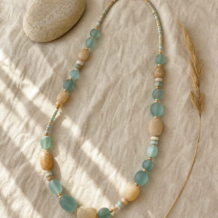 Riverstone Mixed Bead Necklace in teal / sand