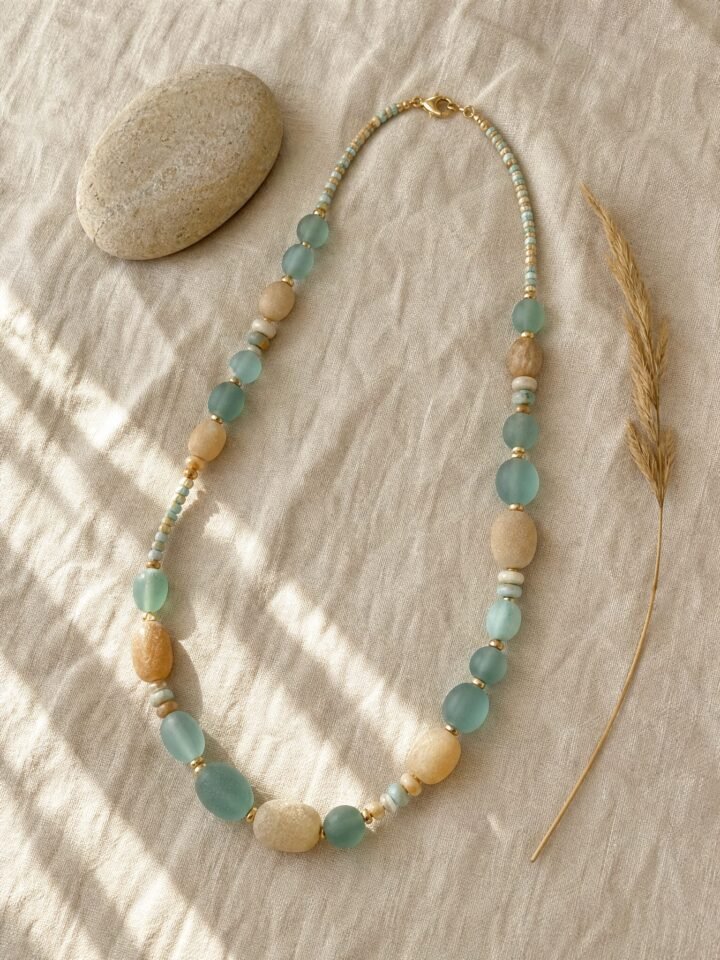 Riverstone Mixed Bead Necklace in teal / sand