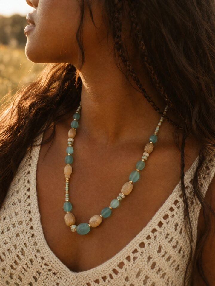 Riverstone Mixed Bead Necklace worn in a summer meadow