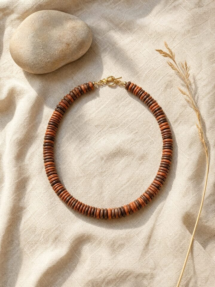 Ember Disc Bead Necklace in terracotta / walnut