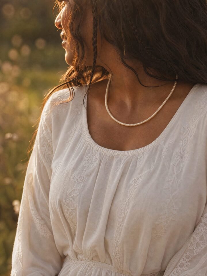 Oat Seed Bead Necklace worn in a summer meadow