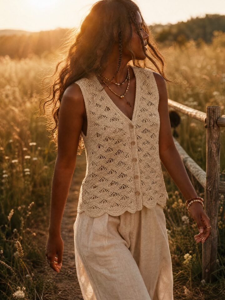 Saltgrass Crochet Vest worn in a summer meadow