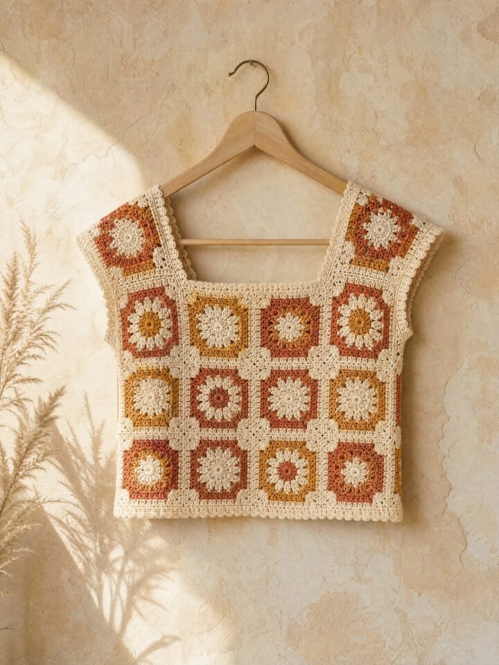 Hollyhock Granny-Square Top in cream / terracotta