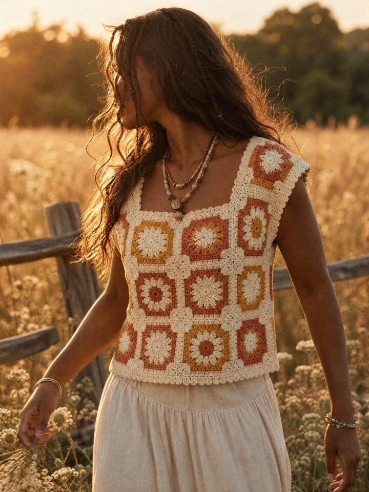 Hollyhock Granny-Square Top worn in a summer meadow