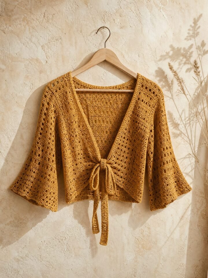 Sunhaze Tie-Front Crochet Top in ochre