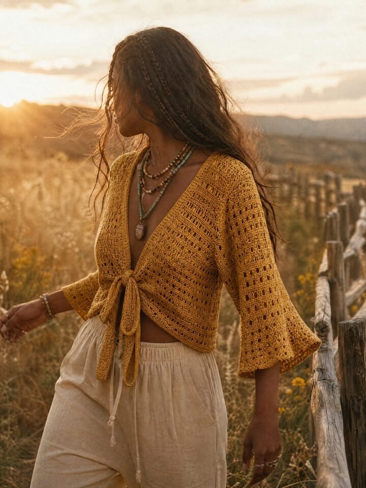 Sunhaze Tie-Front Crochet Top worn in a summer meadow