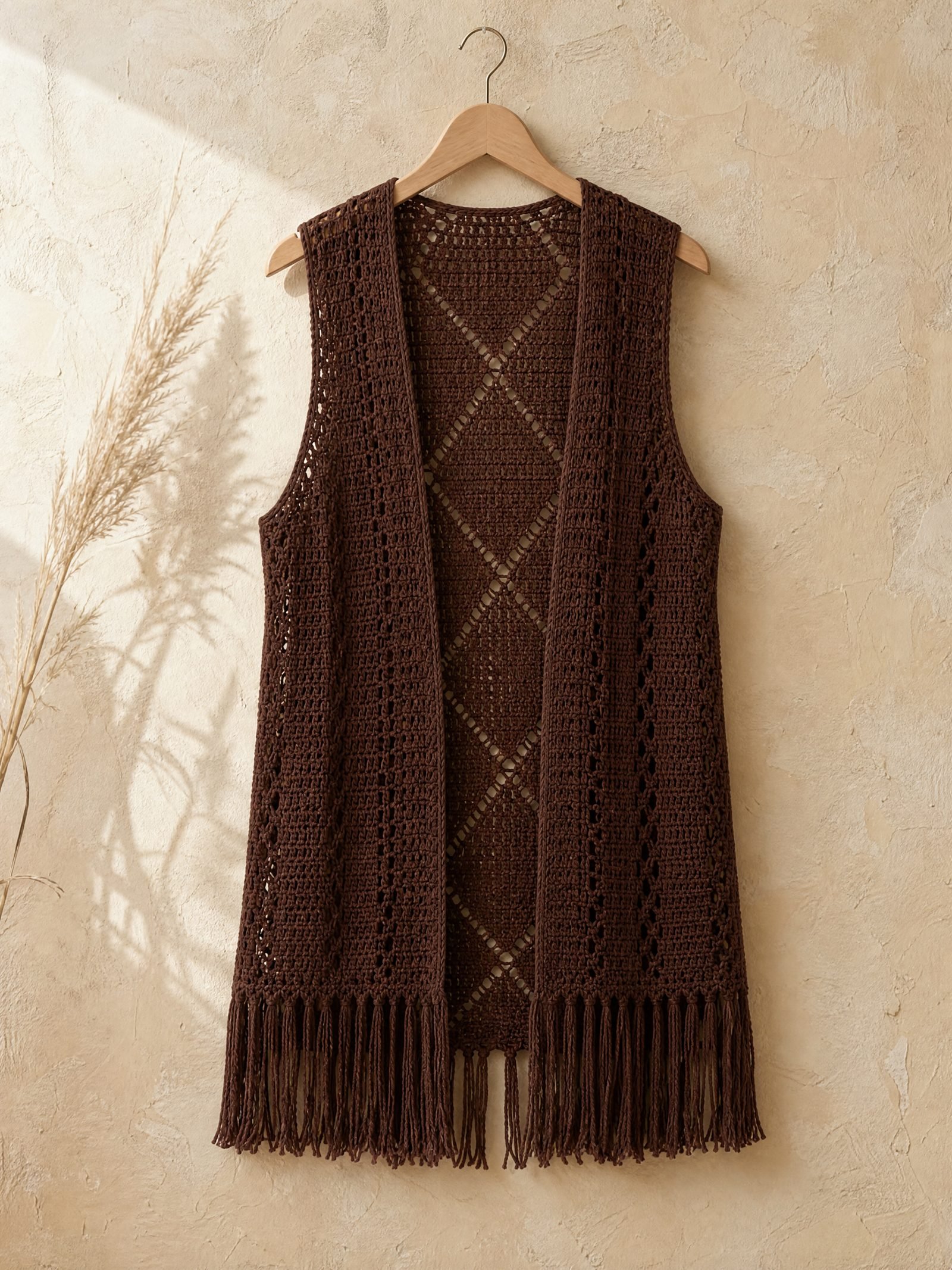 Wren Long-Line Crochet Vest in walnut