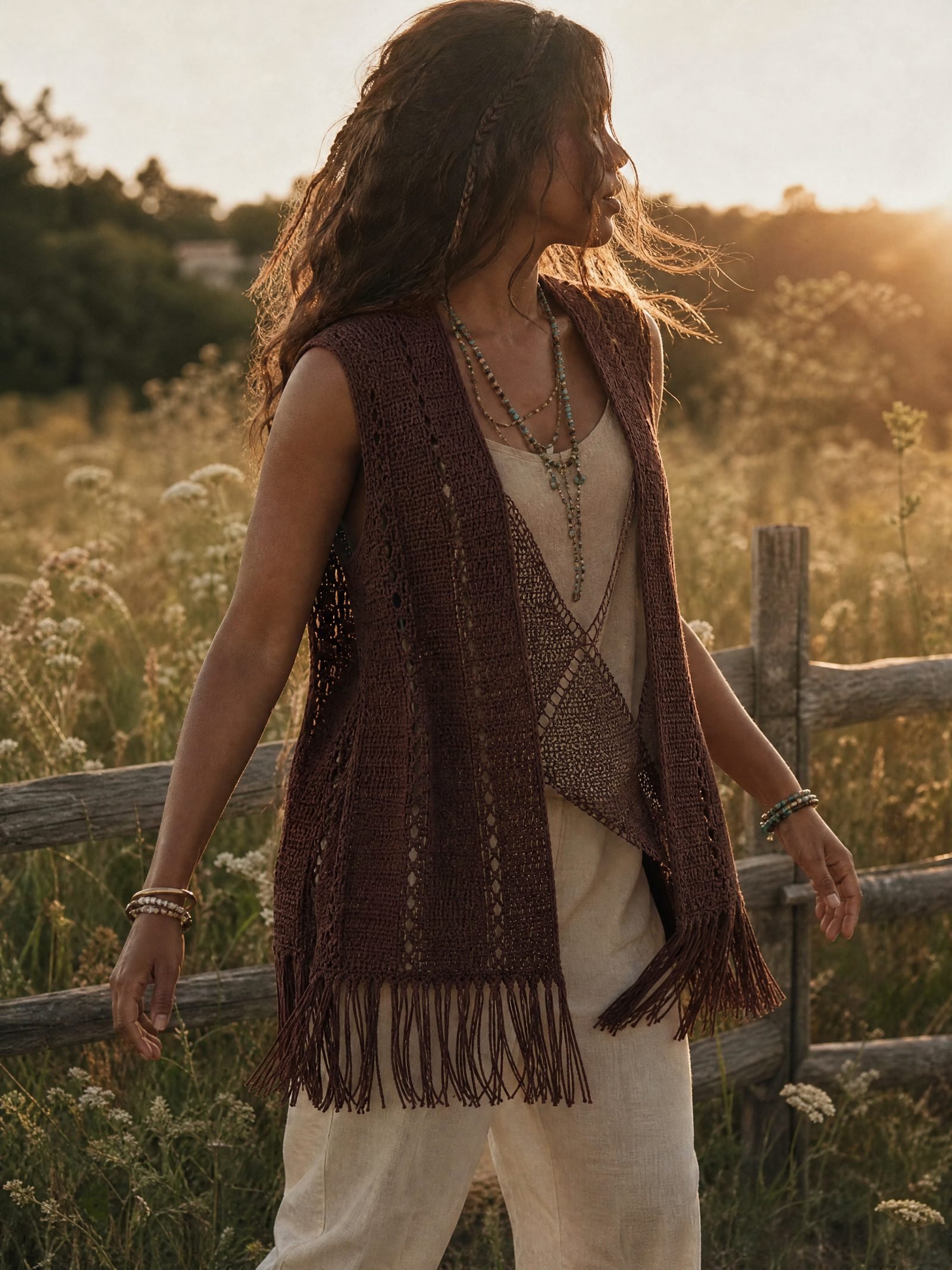 Wren Long-Line Crochet Vest worn in a summer meadow