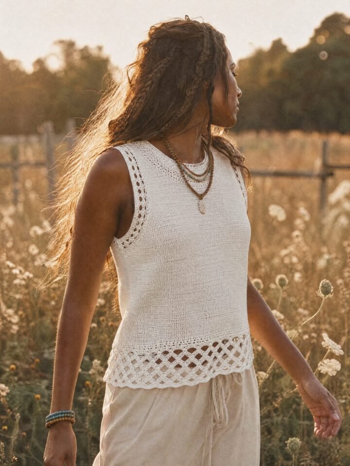 Linden Crochet Shell Top worn in a summer meadow
