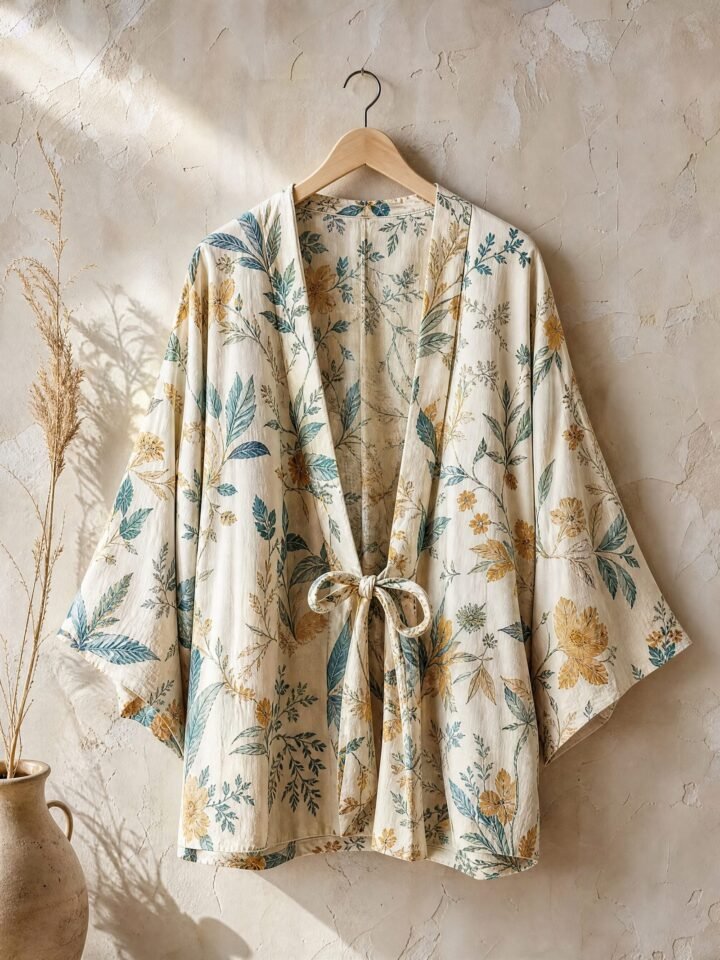 Hedgerow Printed Kimono in cream / teal