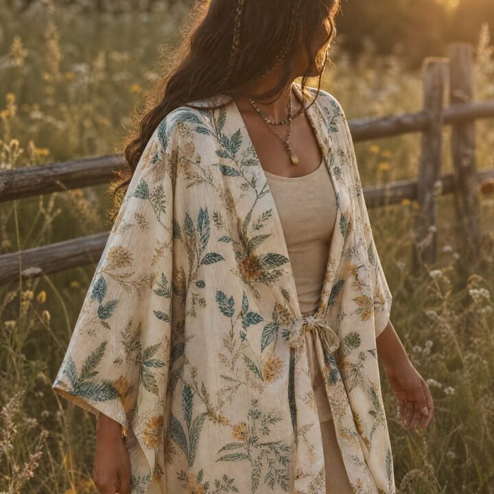 Hedgerow Printed Kimono worn in a summer meadow