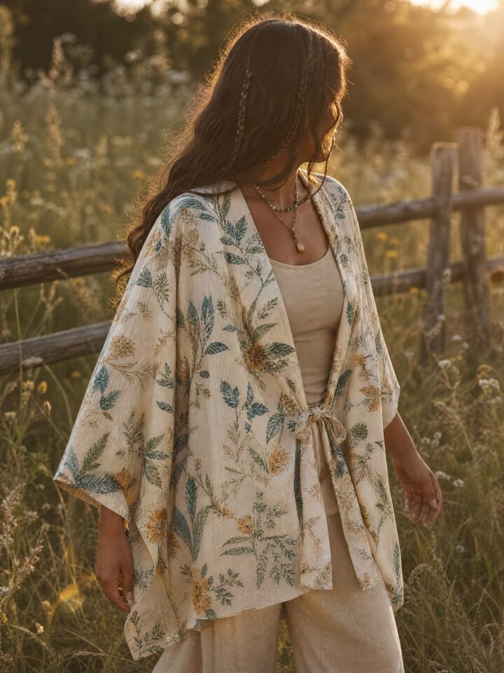 Hedgerow Printed Kimono worn in a summer meadow