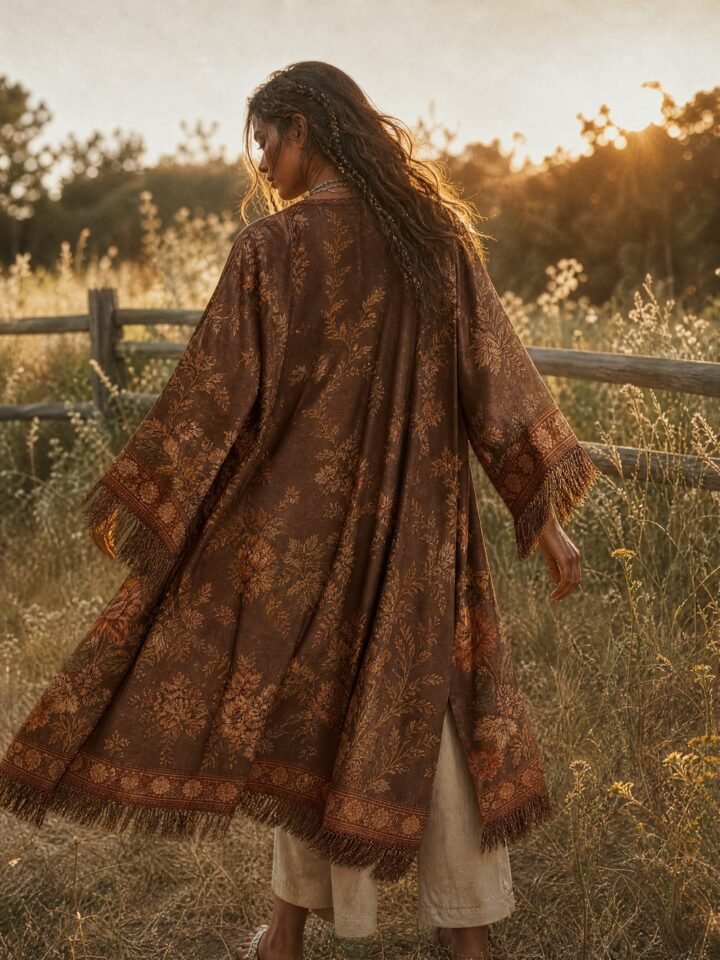 Duskfall Fringe Kimono worn in a summer meadow