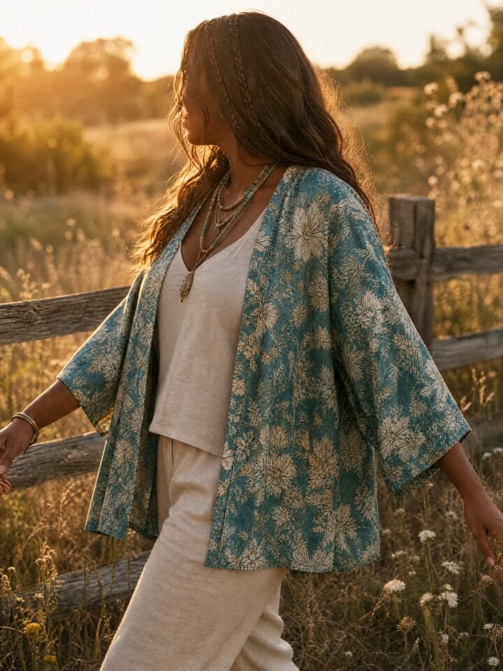 Seaglass Short Kimono worn in a summer meadow