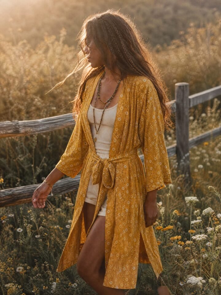 Buttercup Longline Kimono worn in a summer meadow