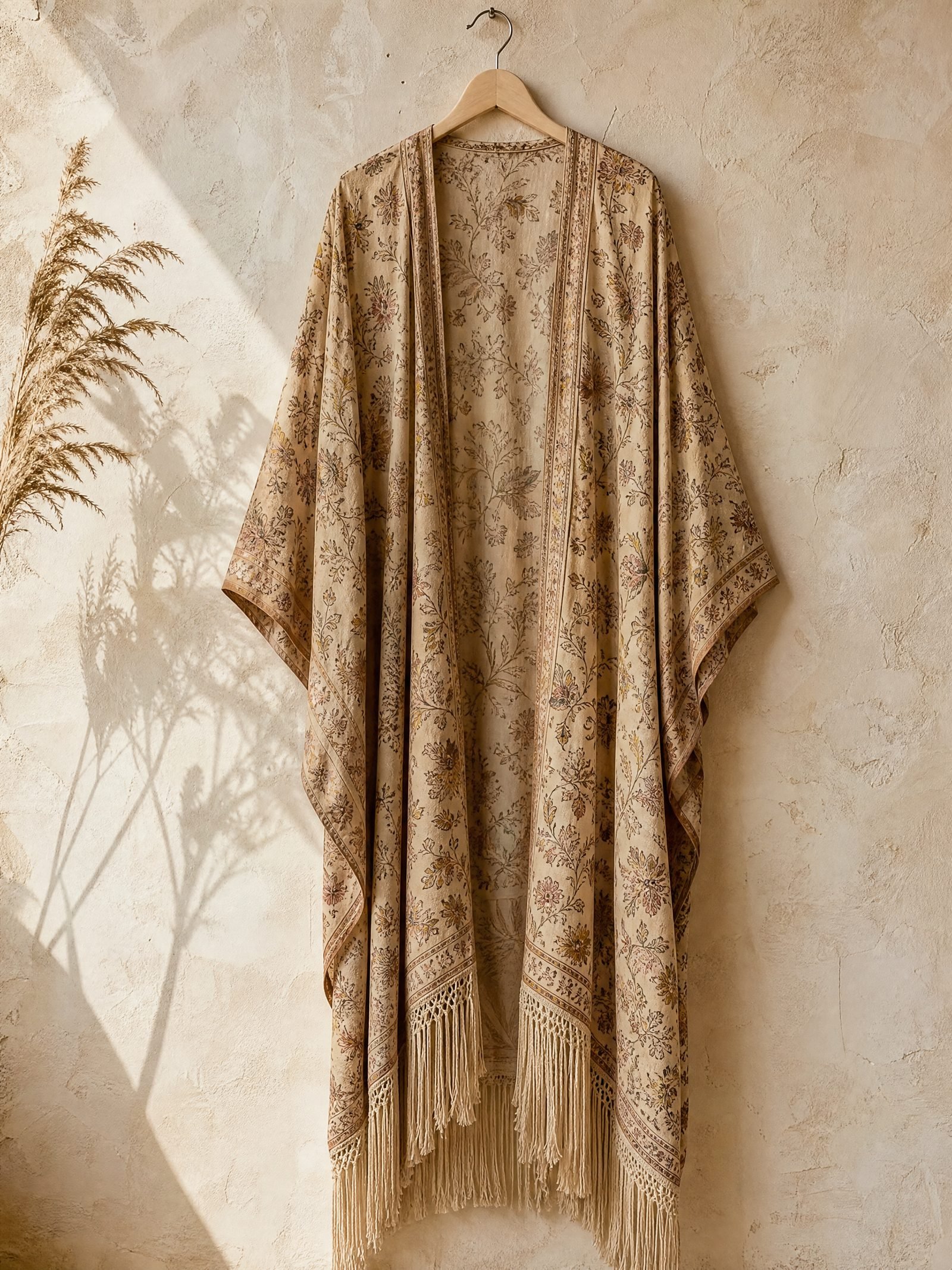 Moth Wing Fringed Kimono in sand print