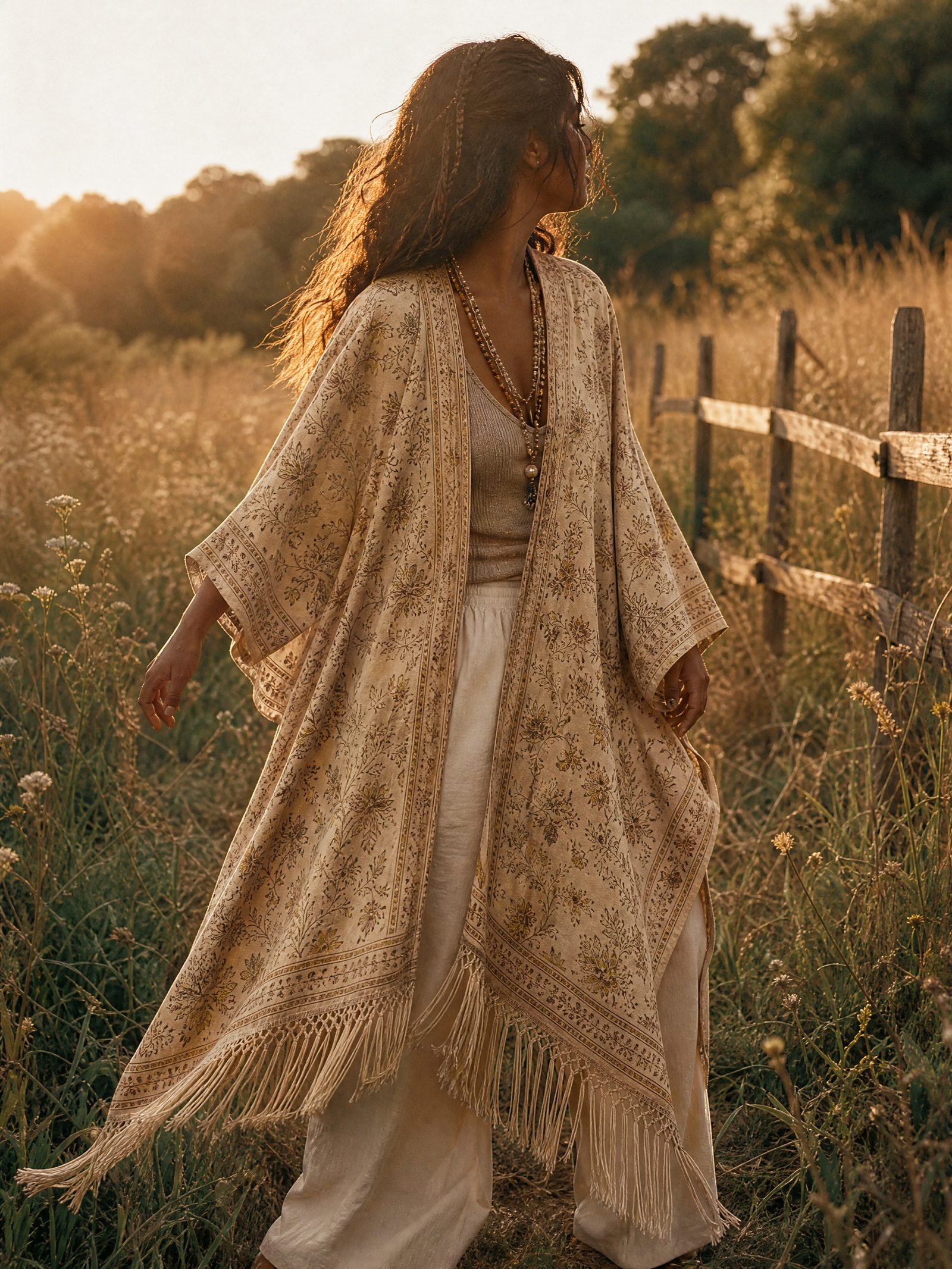 Moth Wing Fringed Kimono worn in a summer meadow