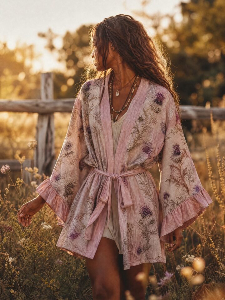 Thistle Belted Kimono worn in a summer meadow