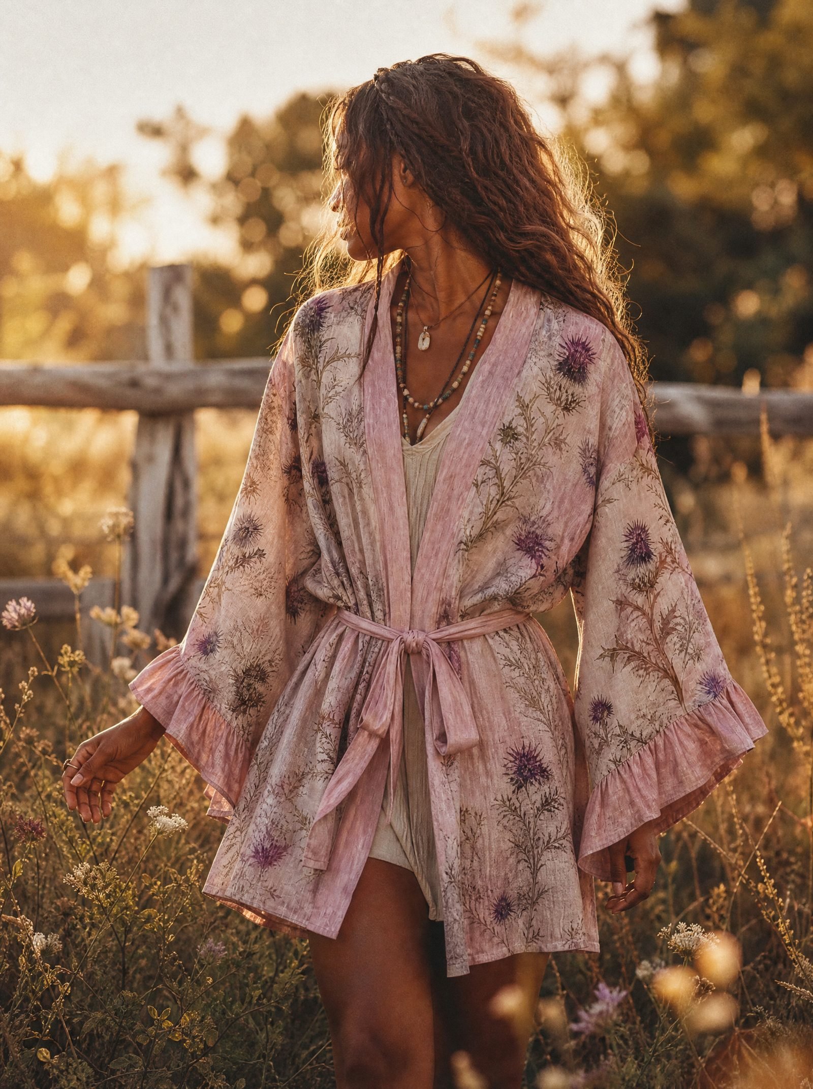 Thistle Belted Kimono worn in a summer meadow