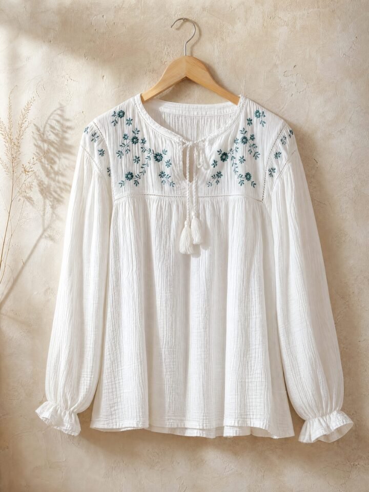 Cornflower Embroidered Gauze Blouse in white / teal