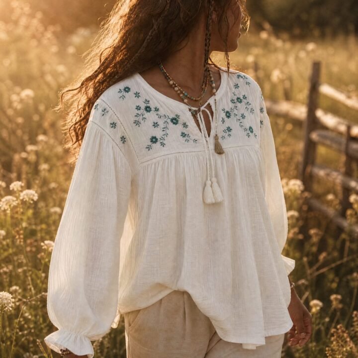 Cornflower Embroidered Gauze Blouse worn in a summer meadow