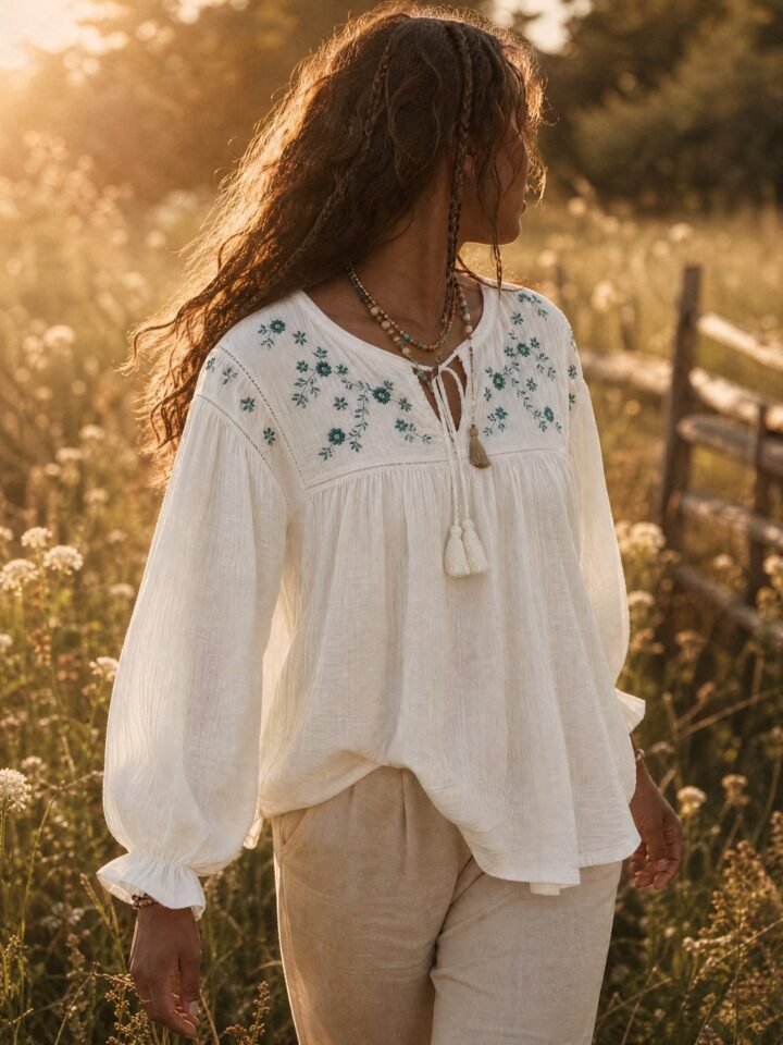 Cornflower Embroidered Gauze Blouse worn in a summer meadow