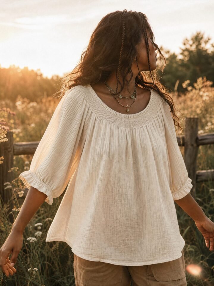 Harvest Smocked Peasant Blouse worn in a summer meadow