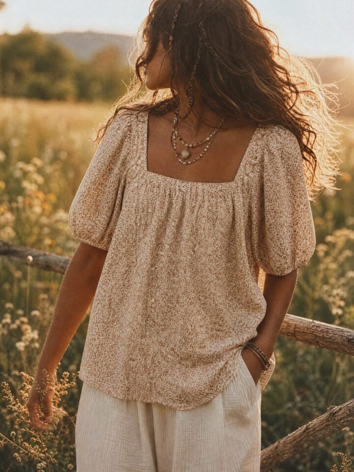 Poppyfield Puff-Sleeve Blouse worn in a summer meadow