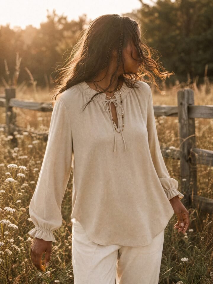 Meadowlark Tie-Neck Blouse worn in a summer meadow