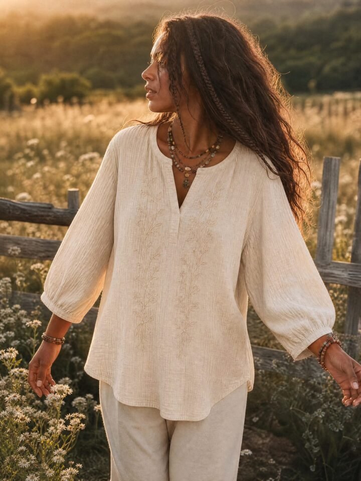 Yarrow Tonal Embroidered Top worn in a summer meadow