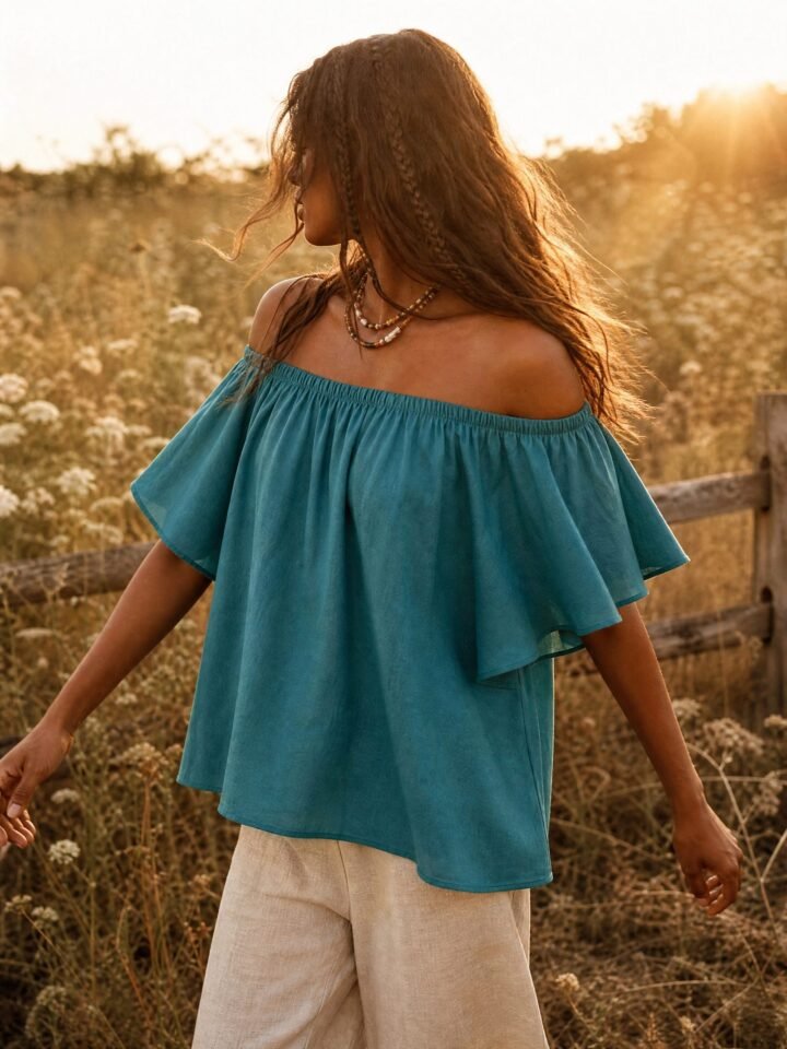 Seafern Off-Shoulder Blouse worn in a summer meadow