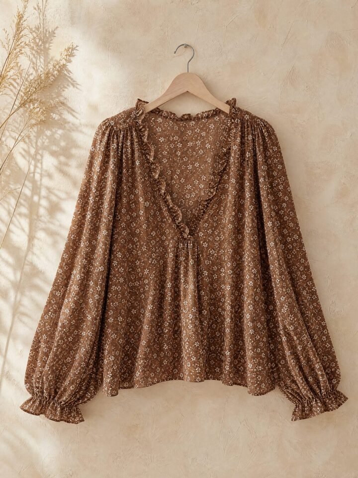 Hearth Balloon-Sleeve Blouse in walnut print