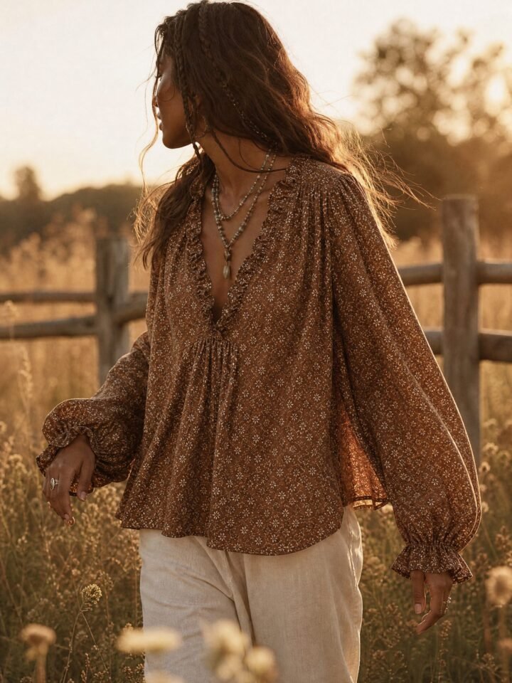 Hearth Balloon-Sleeve Blouse worn in a summer meadow