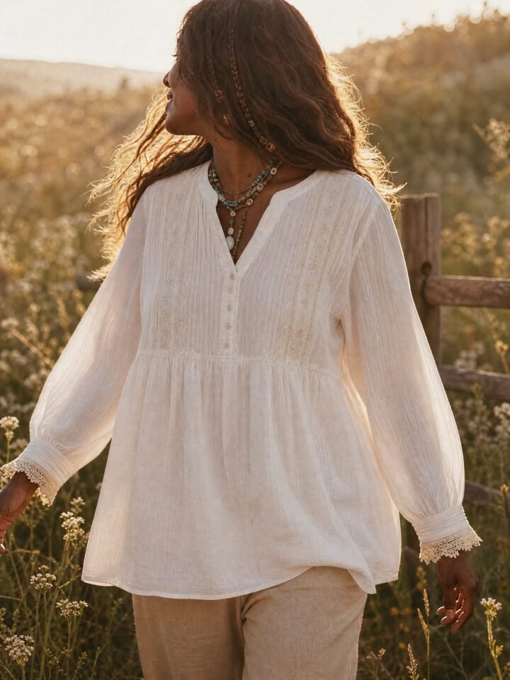 Willowbrook Embroidered Yoke Blouse worn in a summer meadow