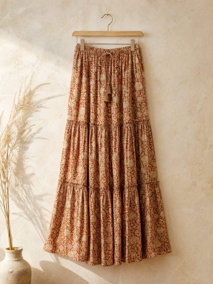 Wildflower Tiered Maxi Skirt in rust / sand floral