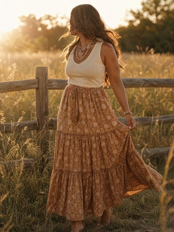 Wildflower Tiered Maxi Skirt worn in a summer meadow