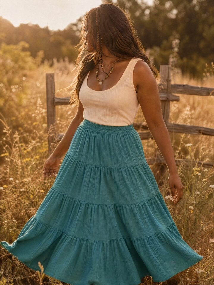 Tidepool Tiered Cotton Maxi worn in a summer meadow