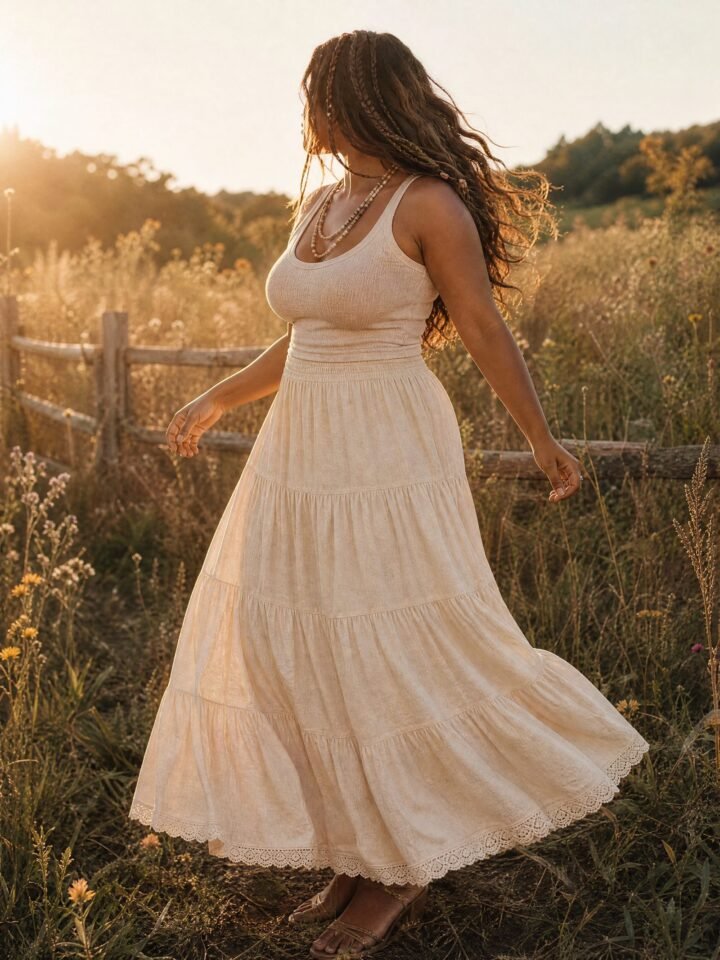 Oatfield Tiered Cotton Maxi worn in a summer meadow