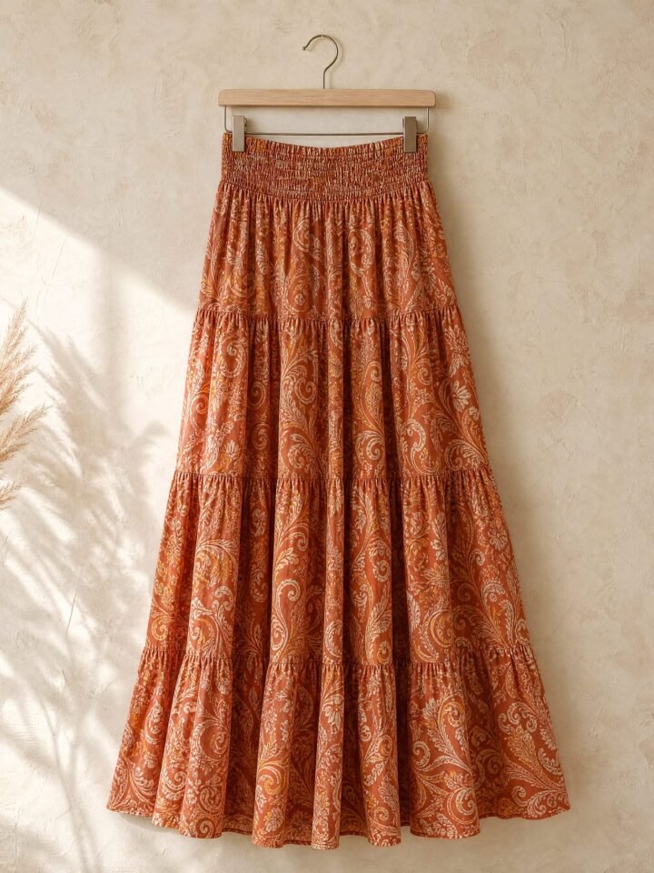 Ember Swirl-Print Maxi Skirt in terracotta print