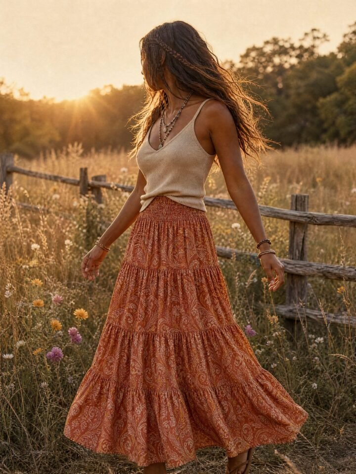 Ember Swirl-Print Maxi Skirt worn in a summer meadow