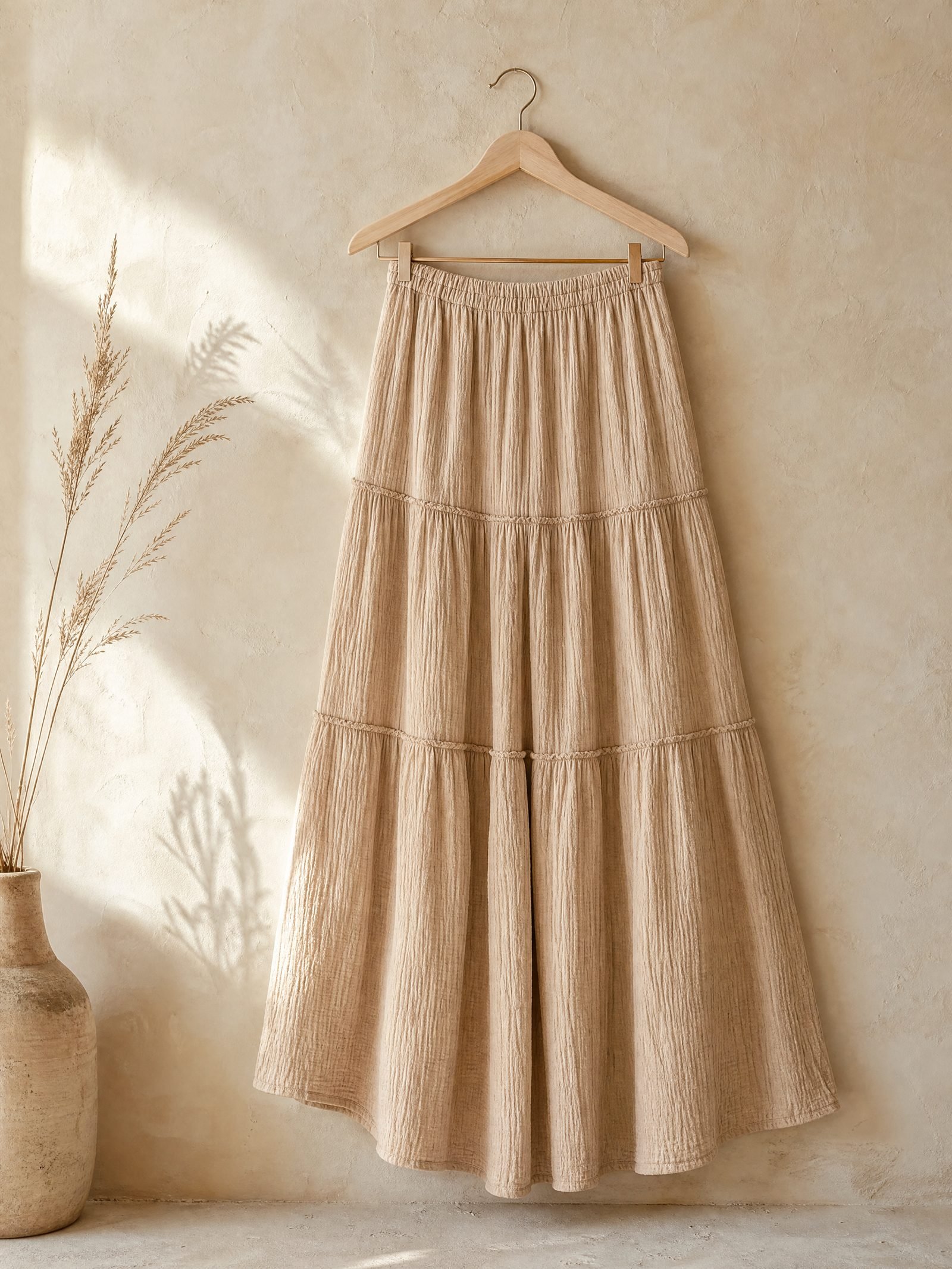 Sandbar Crinkle Tiered Skirt in sand