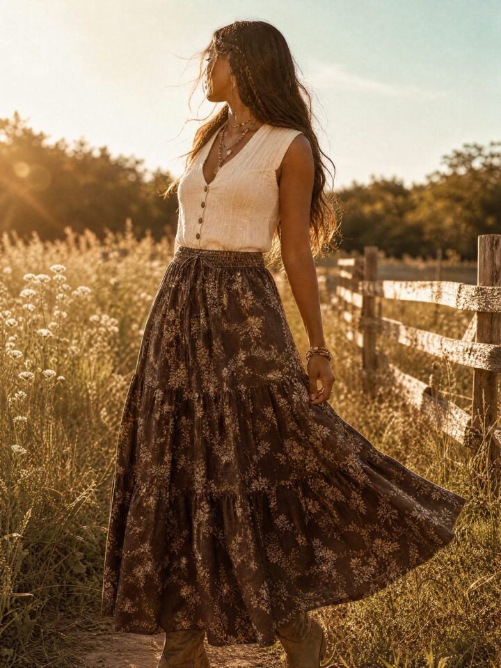 Nightjar Printed Maxi Skirt worn in a summer meadow