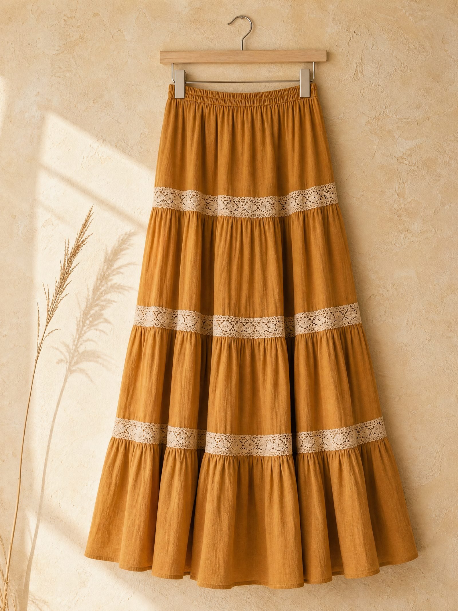 Goldenrod Lace-Trim Tiered Maxi in ochre