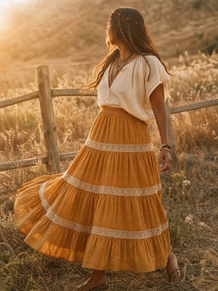 Goldenrod Lace-Trim Tiered Maxi worn in a summer meadow