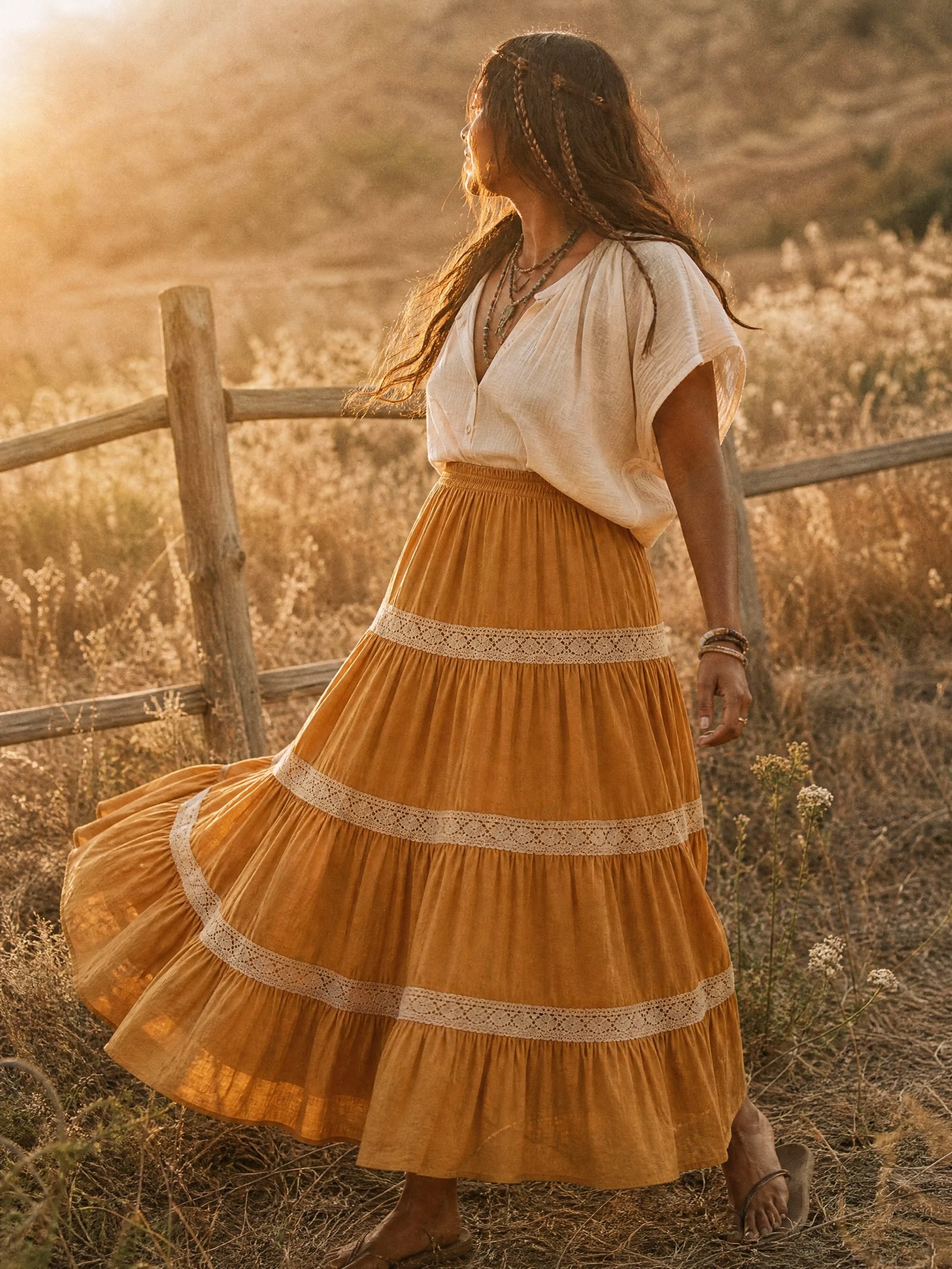 Goldenrod Lace-Trim Tiered Maxi worn in a summer meadow