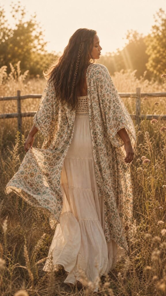 Printed kimono over crochet